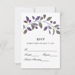 Purple Wedding Watercolor Leaf RSVP Cards