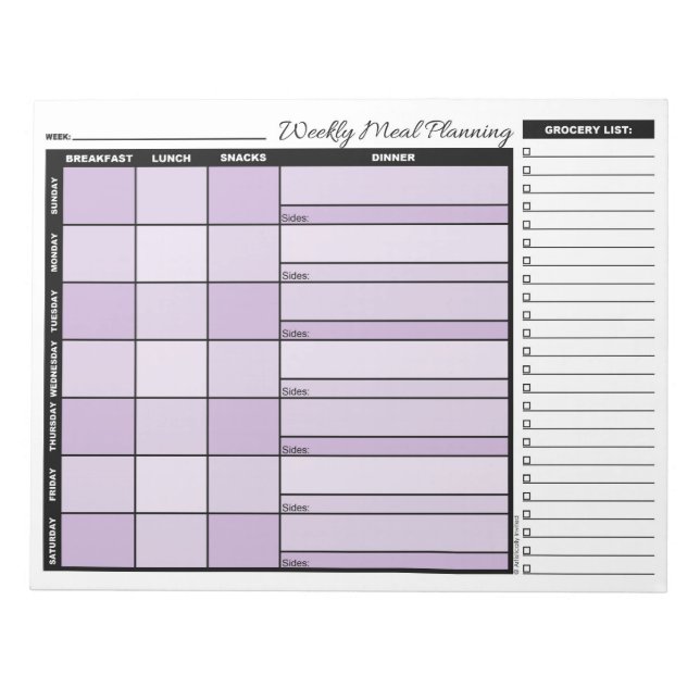 Purple Weekly Meal Planner with Grocery List Notepad (Front)
