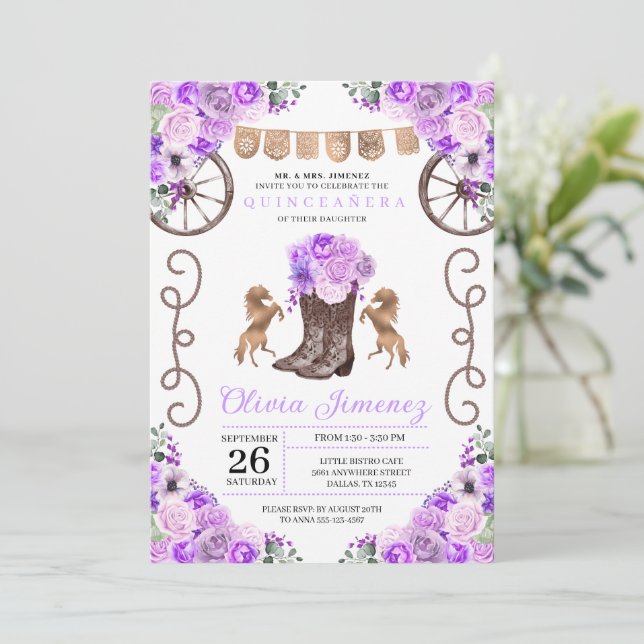 Purple Western Charra Floral Boots Quinceañera Invitation (Standing Front)