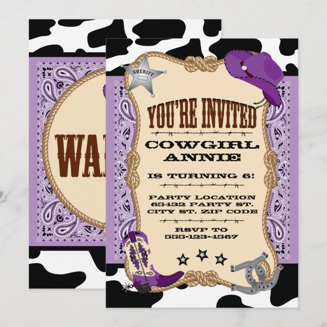 Purple Western, Cowgirl Birthday Party Invitation (Front/Back)