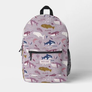 Purple whales - ocean animals personalised name printed backpack
