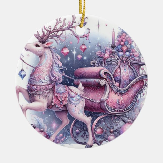 Purple Whimsical Christmas Reindeer Ceramic Tree Decoration (Front)