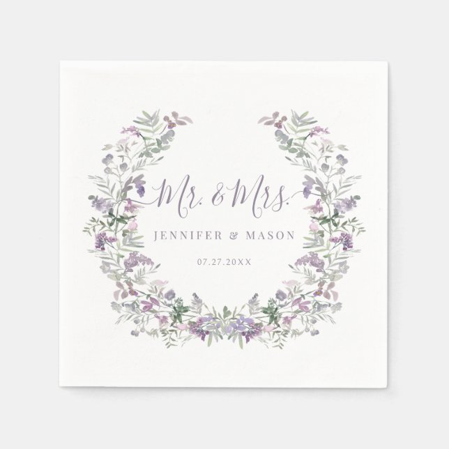 Purple whimsical floral wreath Mr Mrs wedding Napkin (Front)