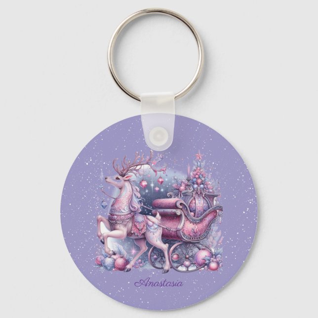 Purple Whimsical Magical Reindeer Key Ring (Front)