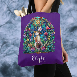 Purple Whimsical Stained Glass Easter Bunny  Tote Bag