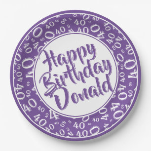 Purple/White 40th Happy Birthday Number Pattern Paper Plate