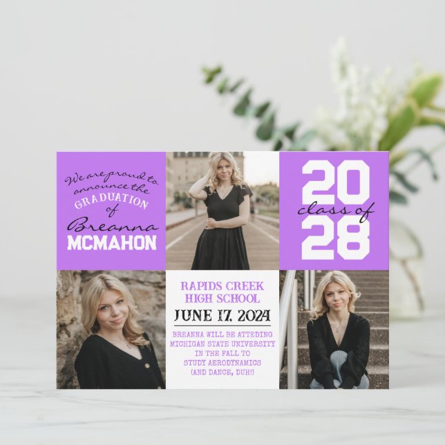 Purple & White 4 Photo Graduation Announcement (Standing Front)