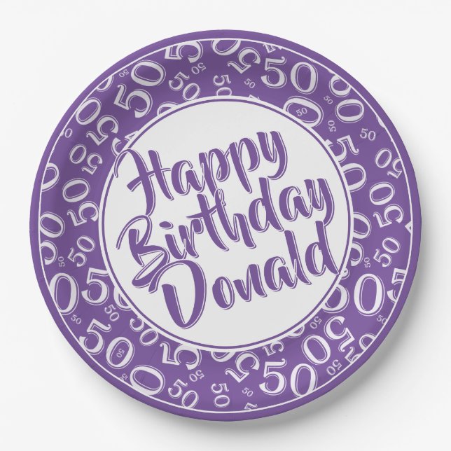  Purple/White 50th Random Number Pattern Paper Plate (Front)