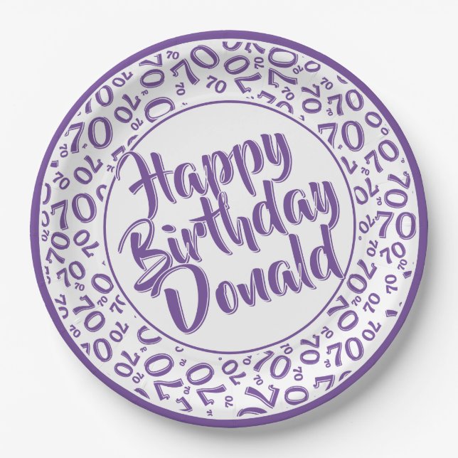 Purple/White 70th Random Number Pattern Paper Plate (Front)