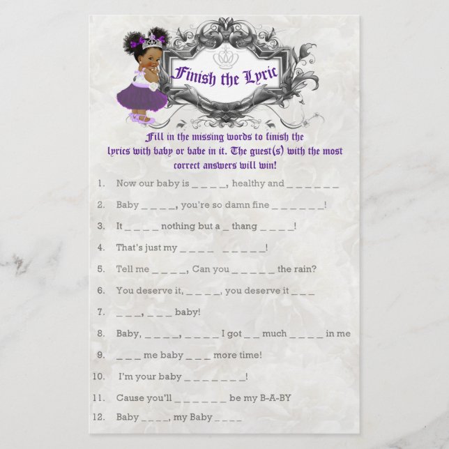 Purple|White African Princess Baby Shower Game Flyer (Front)