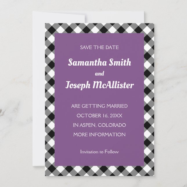 Purple White and Black Buffalo Plaid Save the Date Invitation (Front)