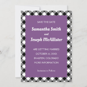 Purple White and Black Buffalo Plaid Save the Date Invitation