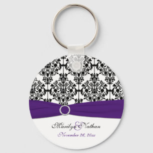 Purple, White and Black Damask Keychain