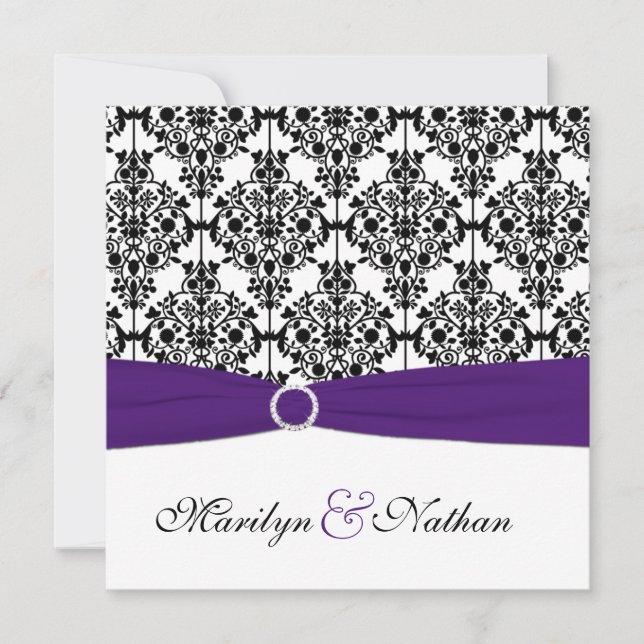 Purple, White, and Black Damask Square Invite II (Front)