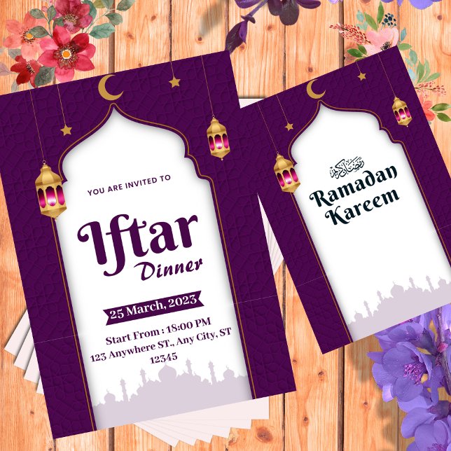 Purple White and Gold Modern Iftar Dinner Invitation (Creator Uploaded)