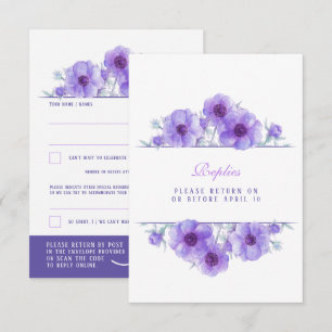 Purple white anemone floral wedding QR reply RSVP Card