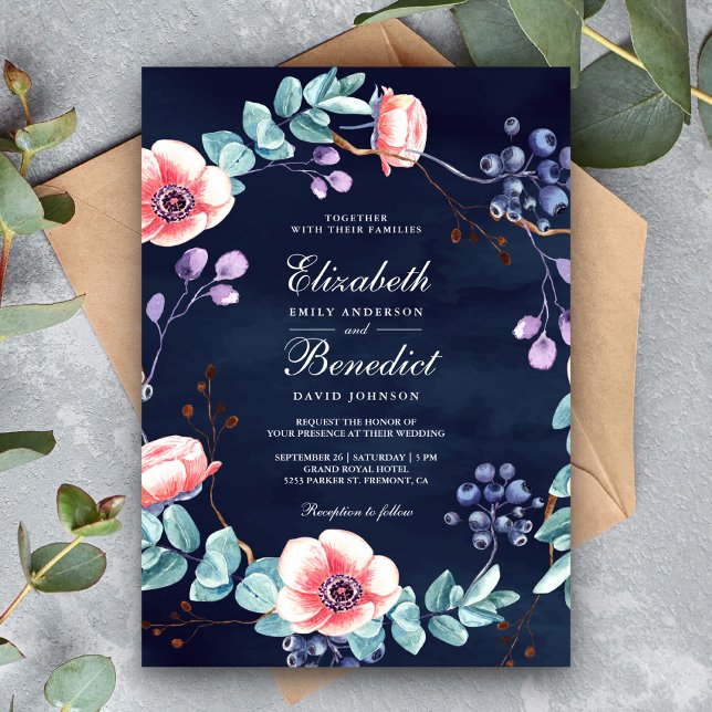 Purple White Anemones Eucalyptus Navy Blue Wedding Invitation (Creator Uploaded)
