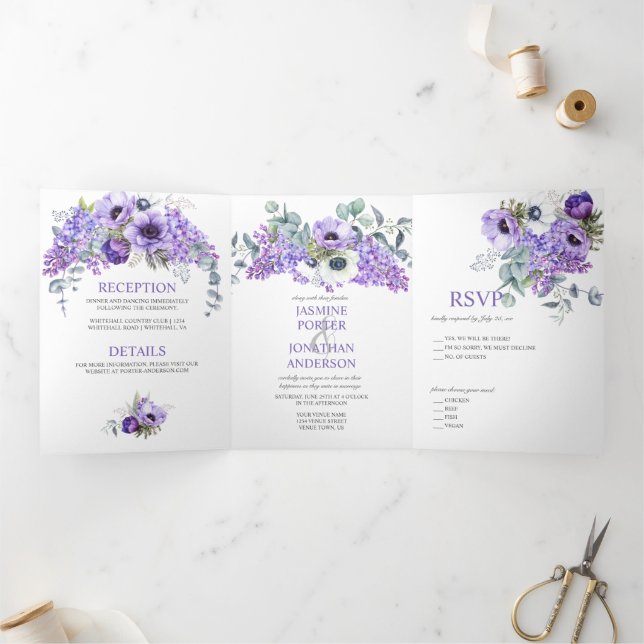 Purple & White Anemones, Purple Lilacs Floral Tri-Fold Invitation (Inside)