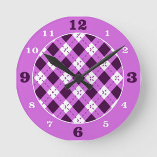 Purple/White Argyle Plaid Round Clock