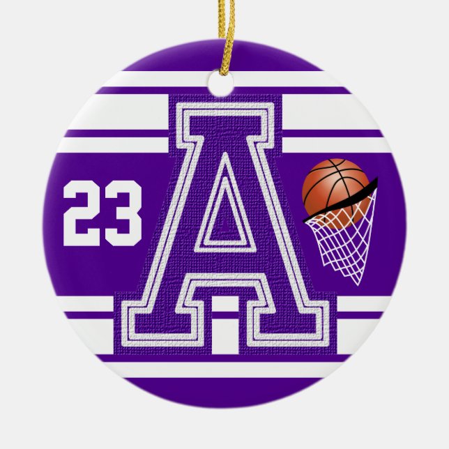 Purple & White Basketball All Varsity Letters Ceramic Tree Decoration (Front)