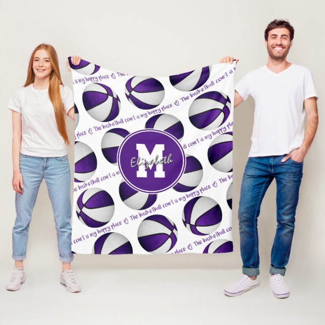 purple white basketball court is my happy place fleece blanket (In Situ)