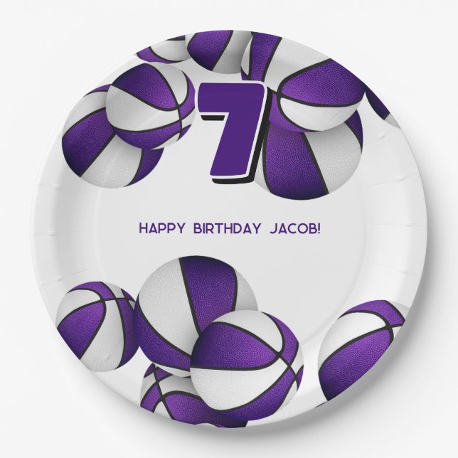 purple white basketballs boys girls sports party paper plate (Front)