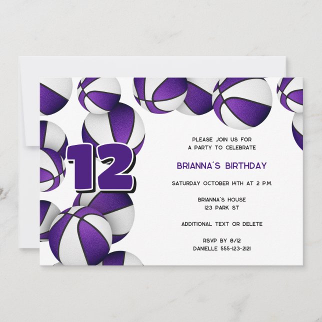 purple white basketballs girls boys birthday party invitation (Front)