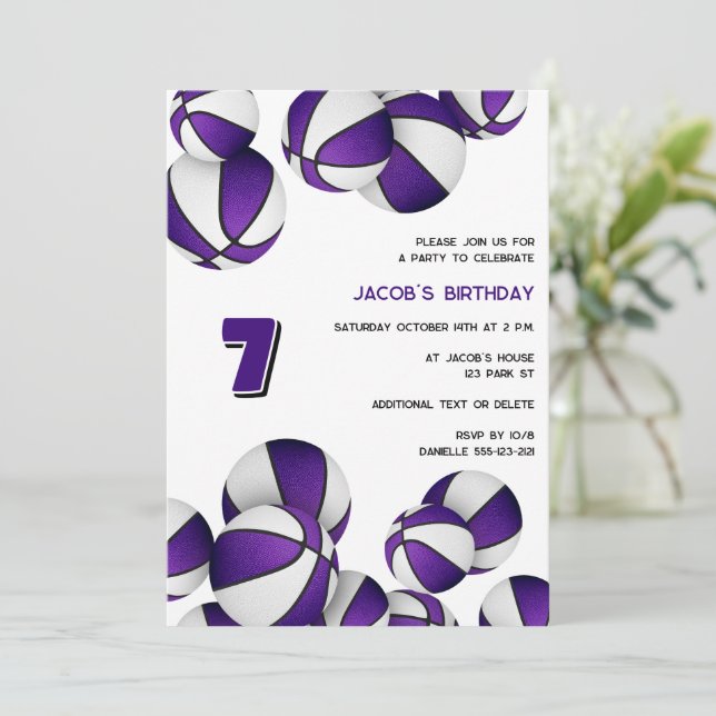 purple white basketballs kids sports birthday invitation (Standing Front)