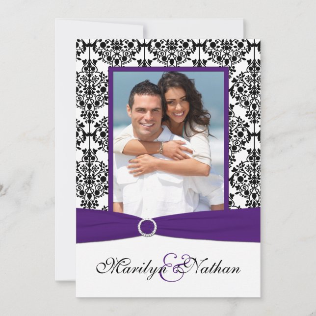 Purple, White, Black Damask Photo Wedding Invite (Front)