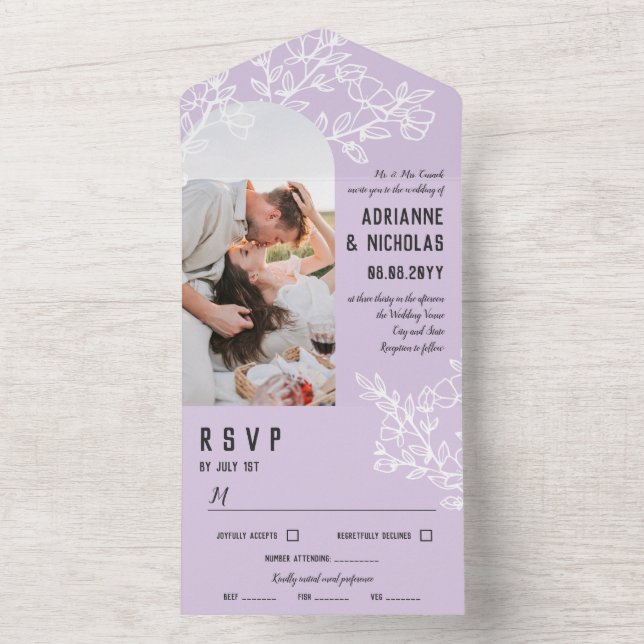 Purple White Blossoming Branches Photo Wedding  All In One Invitation (Inside)