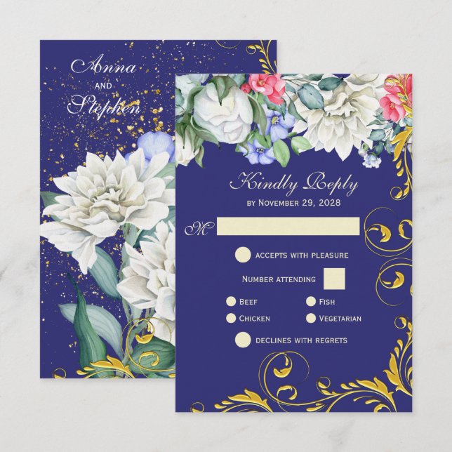Purple White Blue Pink Gold Swirls Botanical RSVP Card (Front/Back)
