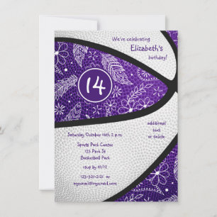 purple white boho sports girls basketball party invitation