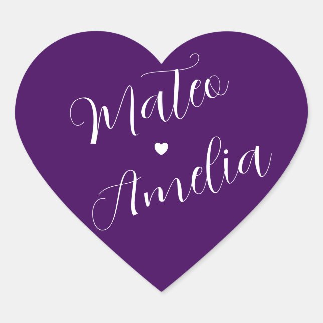 Purple White Bride and Groom Names on Wedding Heart Sticker (Front)