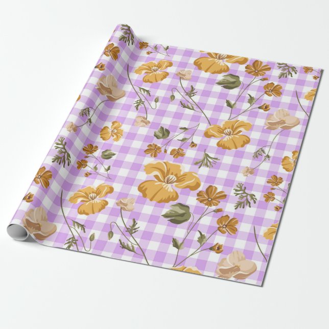 Purple White Buffalo Checks & Yellow Flowers Wrapping Paper (Unrolled)