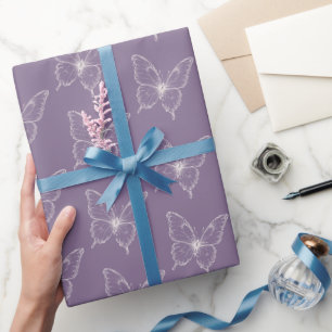 Purple White Butterflies Birthday Wrapping Paper