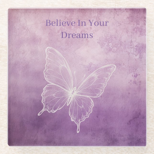 Purple White Butterfly Glass Coaster (Front)