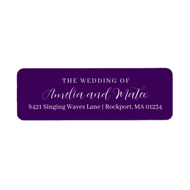 Purple White Calligraphy Wedding Return Address (Front)