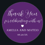 Purple White Calligraphy Wedding Thank You Favour Classic Round Sticker<br><div class="desc">The perfect little something to seal your wedding favour box or thank you note. The thank you sentiment is written in a playful script font then your name and wedding date are in a classic serif text. A sweet heart separates them. This item is part of the Elegant Minimalist Wedding...</div>