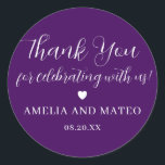 Purple White Calligraphy Wedding Thank You Favour Classic Round Sticker<br><div class="desc">The perfect little something to seal your wedding favour box or thank you note. The thank you sentiment is written in a playful script font then your name and wedding date are in a classic serif text. A sweet heart separates them. This item is part of the Elegant Minimalist Wedding...</div>
