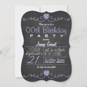 Purple & White Chalkboard Rustic Birthday Party Invitation