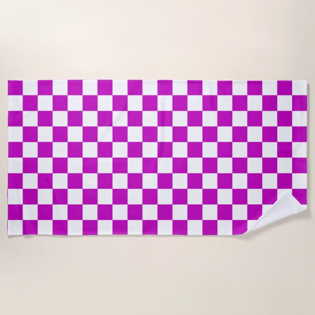 Purple White Chequered Check Pattern Beach Towel (Front)