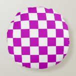 Purple White Chequered Check Pattern Round Cushion<br><div class="desc">Purple and White Check Chequered Geometric Squares Pattern Design</div>