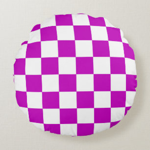 Purple White Chequered Check Pattern Round Cushion