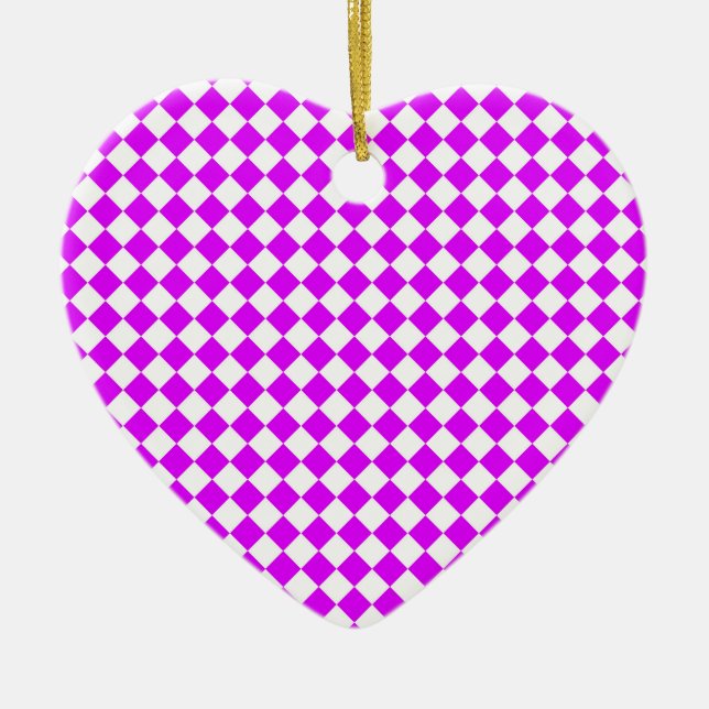 Purple White Chequered Diamond Pattern Ceramic Tree Decoration (Front)