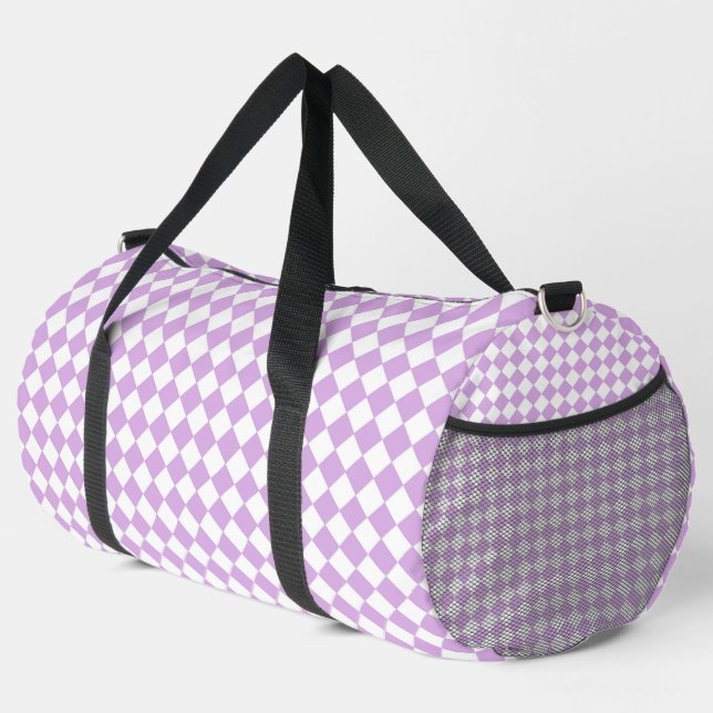Purple White Chequered Diamond Pattern Large Duffle Bag (Right Corner)