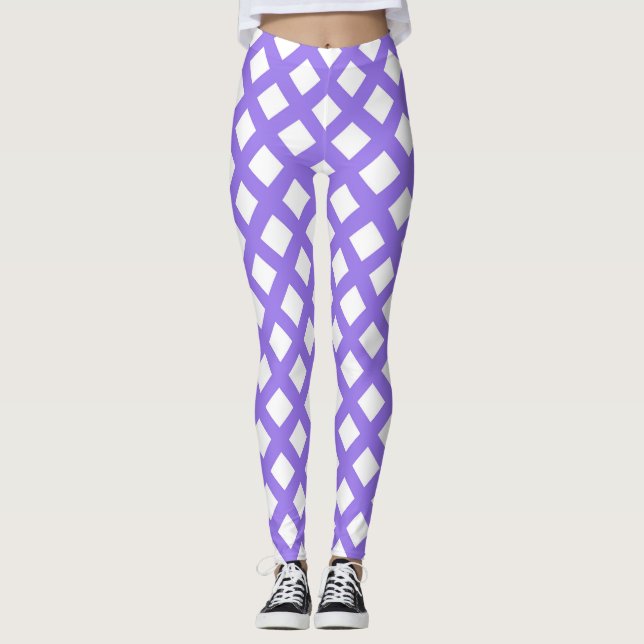 Purple White Chequered Diamond Pattern Leggings (Front)