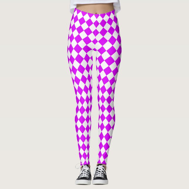 Purple White Chequered Diamond Pattern Leggings (Front)