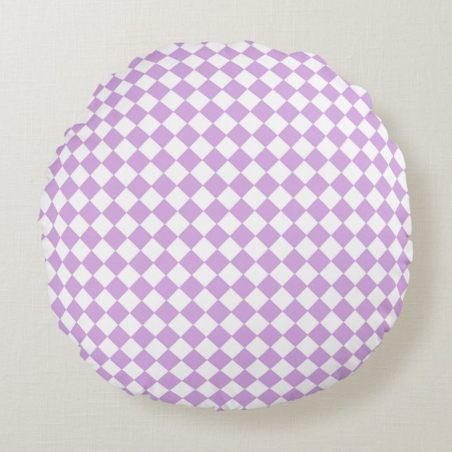 Purple White Chequered Diamond Pattern Round Cushion (Front)