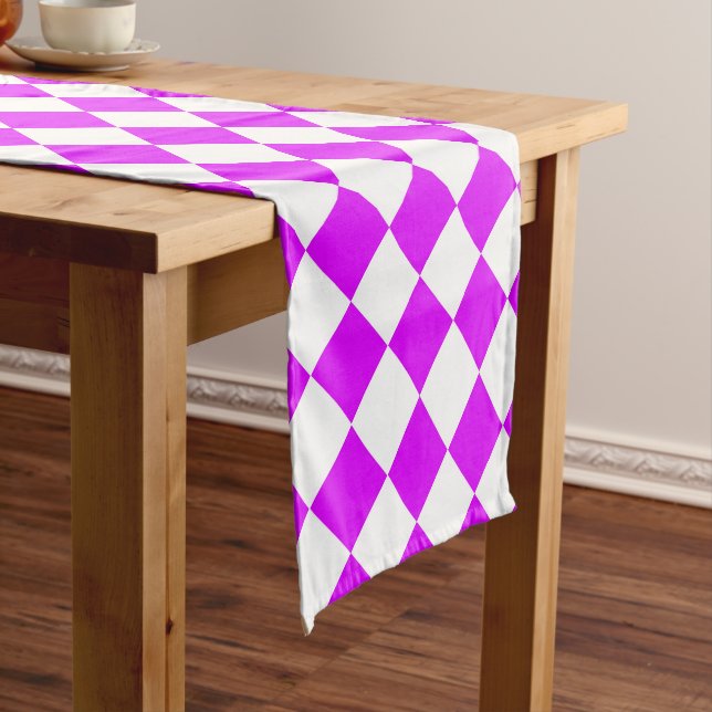 Purple White Chequered Diamond Pattern Short Table Runner (In Situ)