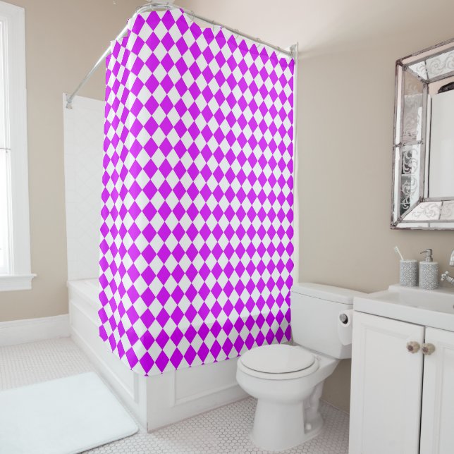 Purple White Chequered Diamond Pattern Shower Curtain (In Situ)